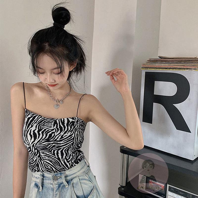 Áo Hai Dây Dệt Kim Cổ Vuông In Họa Tiết Ngựa Vằn Sành Điệu Cho Nữ