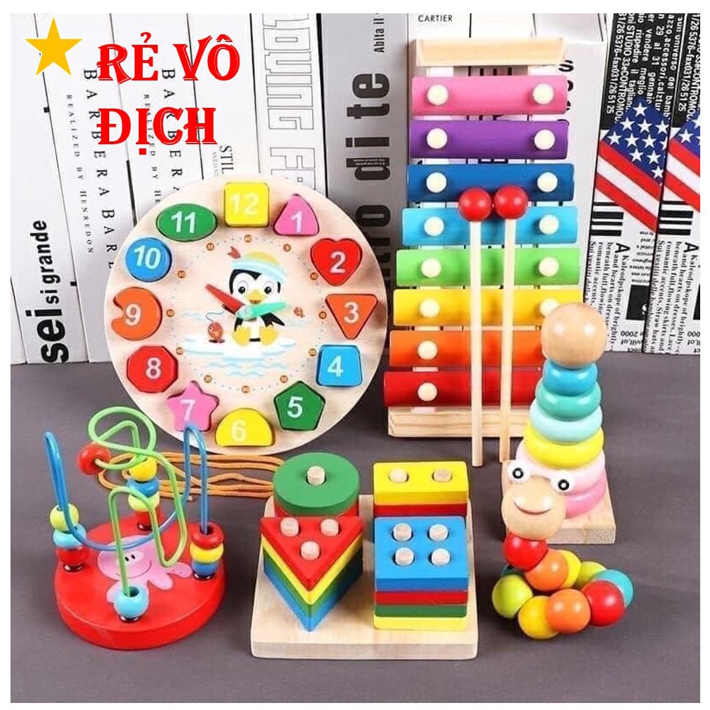 Đồ chơi gỗ thông minh cho bé, combo đồ chơi gỗ phát triển trí tuệ - bộ đồ chơi montessori