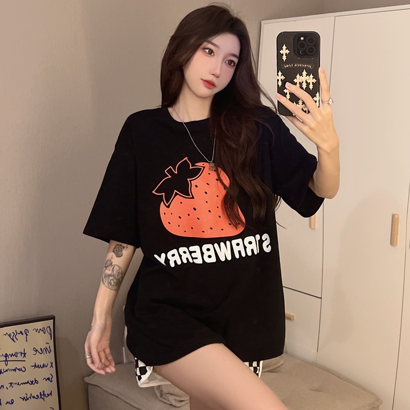 SUXI Áo Thun Ngắn Tay Dáng Rộng In Họa Tiết Trái Cây Đơn Giản Xinh Xắn Cho Nữ