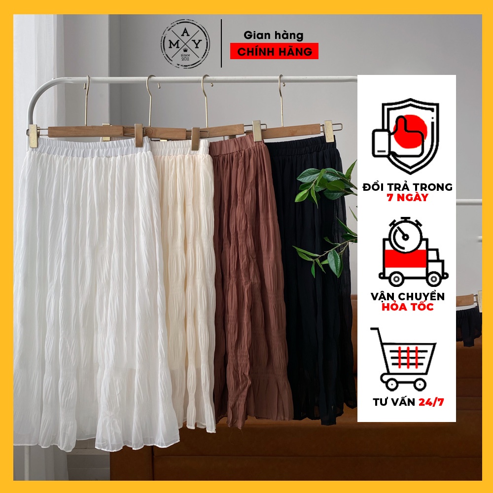Chân Váy Midi Tơ Nhăn Bánh Bèo MAY.SINCE2011 Thiết Kế Dáng Xòe Dài  MAN02-0109
