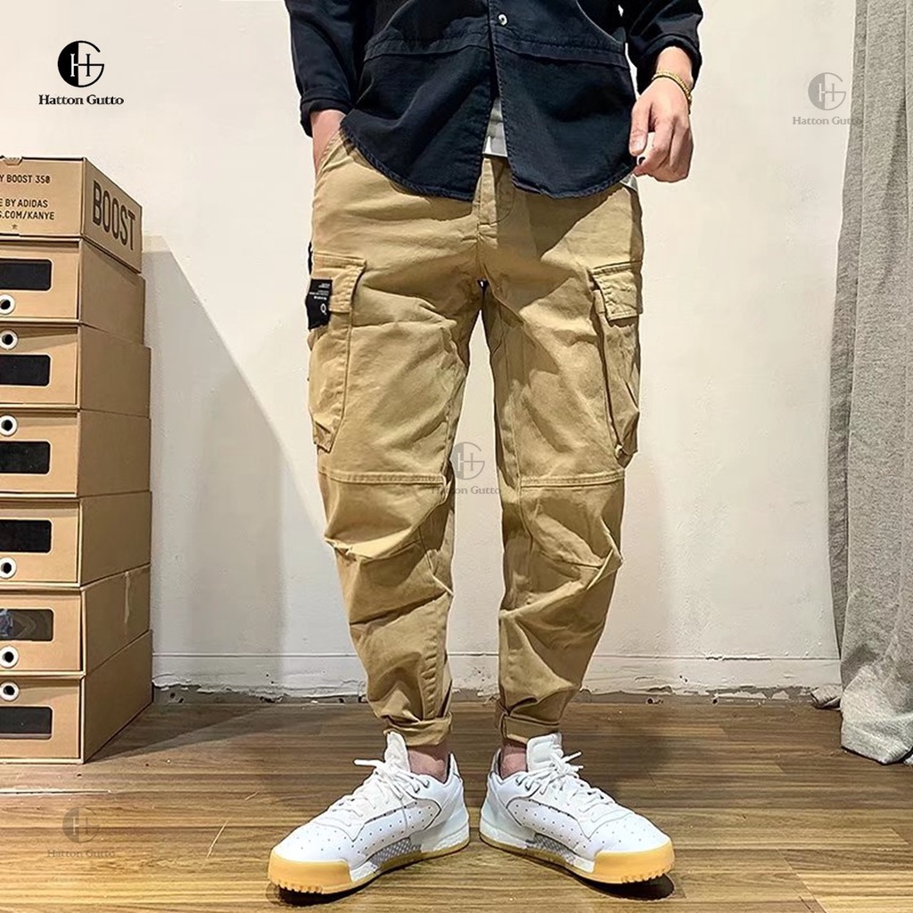 Quần dài chino HATTON GUTTO dáng suông rộng vải cotton lưng thun nhiều túi phong cách Hàn Quốc cho nam