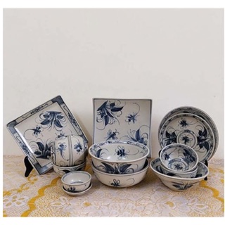 BỘ BÁT ĐĨA MEN RẠN GIẢ CỔ VẼ CHUỒN BÁT TRÀNG:
