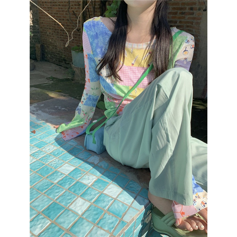 Áo Thun Tay Dài Chống Nắng Bằng Lụa Lạnh Mỏng In Họa Tiết Khối Màu Sắc Thời Trang Mùa Hè