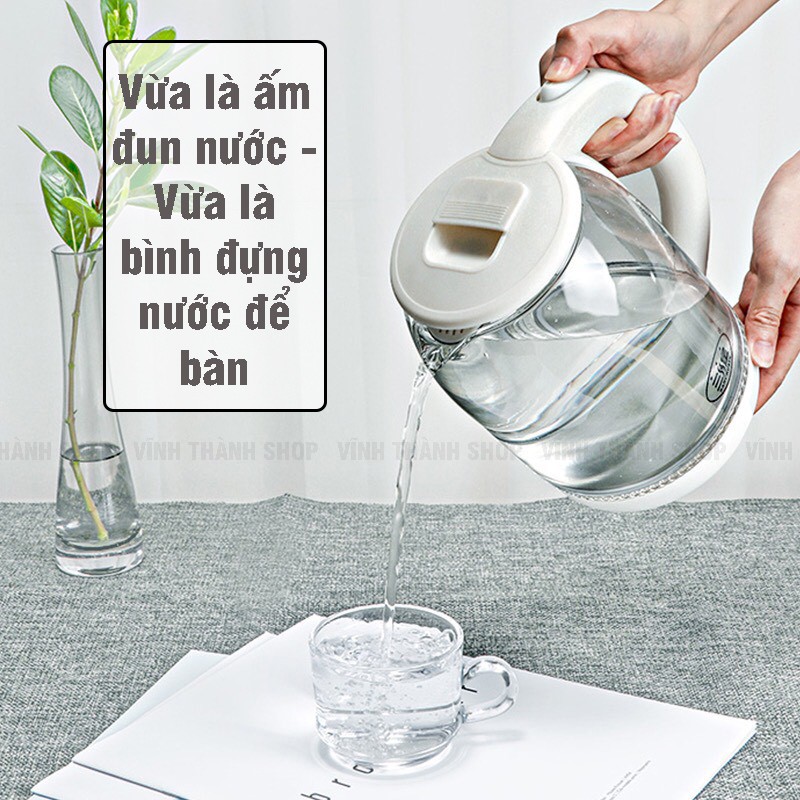 Ấm Siêu Tốc Thủy Tinh Cách Nhiệt - Ấm Đun Nước Công Suất Lớn 1500W Đun Sôi Nhanh, Vệ Sinh Dễ Dàng Không Để Lại Cặn