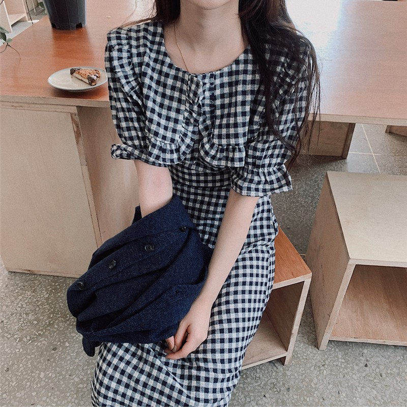 (ORDER) Váy MORAN cộc tay xòe dài sọc caro cổ bẻ rộng búp bê phối bèo điệu đà vintage Hàn Quốc đáng yêu -meobeo