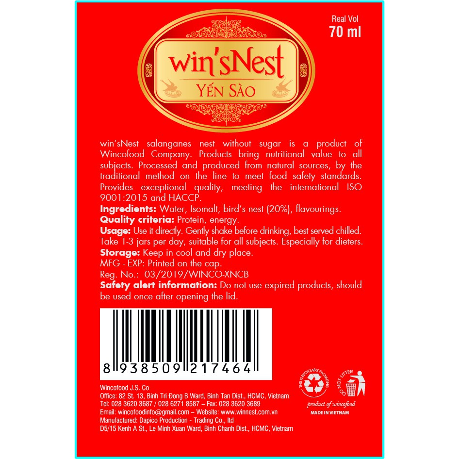 Yến Sào cao cấp win'snest Tổ Yến Chưng Sẵn Không Đường 20% (70 ml/ lọ) Phù hợp với mọi đối tượng