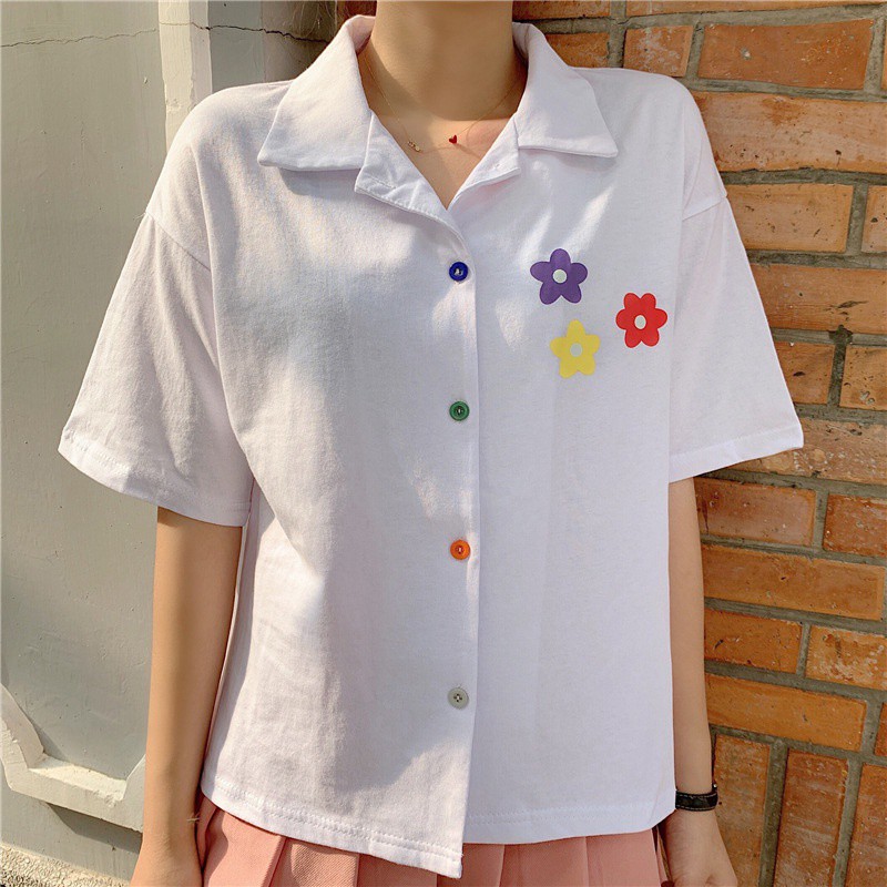 Áo sơ mi tay ngắn họa tiết in hoa cổ bẻ sang trọng cho nữ