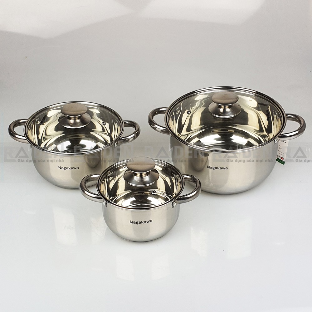 Bộ nồi inox 3 cái, thiết kế 4 đáy Nagakawa NAG1304 sử dụng được trên bếp từ