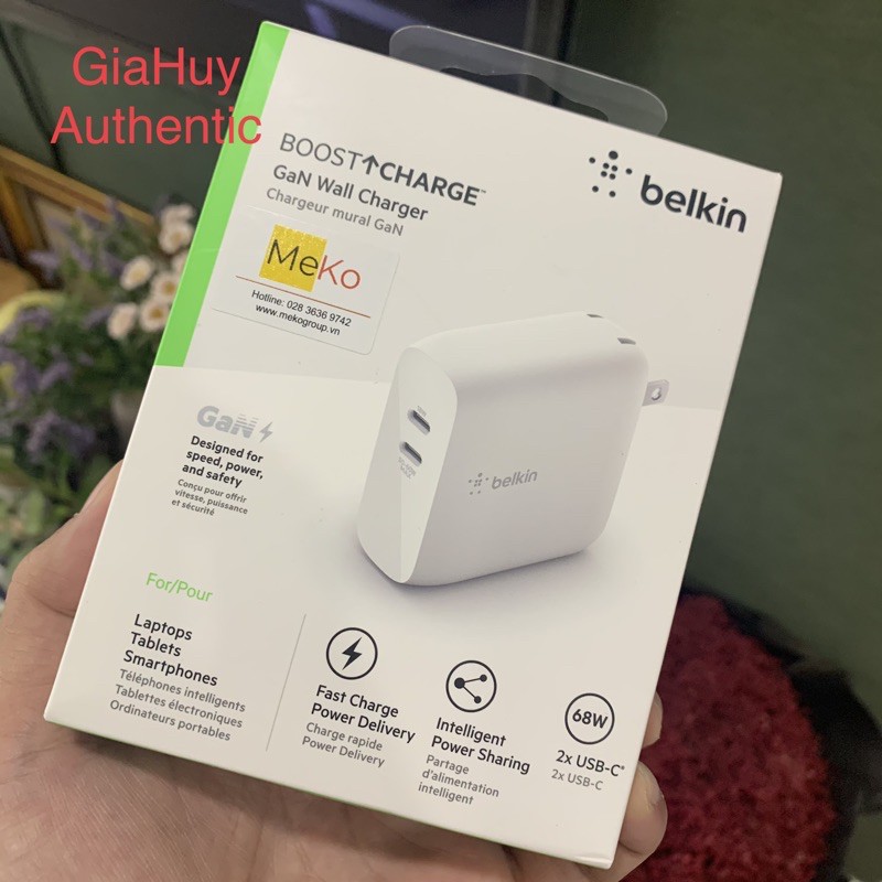 Củ sạc nhanh Macbook Pro 13 inc, iPad Pro, iPhone, S20, Google Pixel BELKIN BOOST↑CHARGE™  GaN 68W Dual USB-C PD