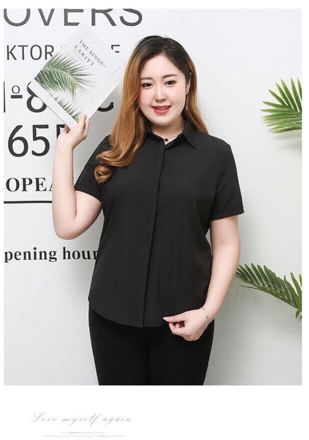 Áo sơ mi tay ngắn big size trơn màu đen size 75-95kg