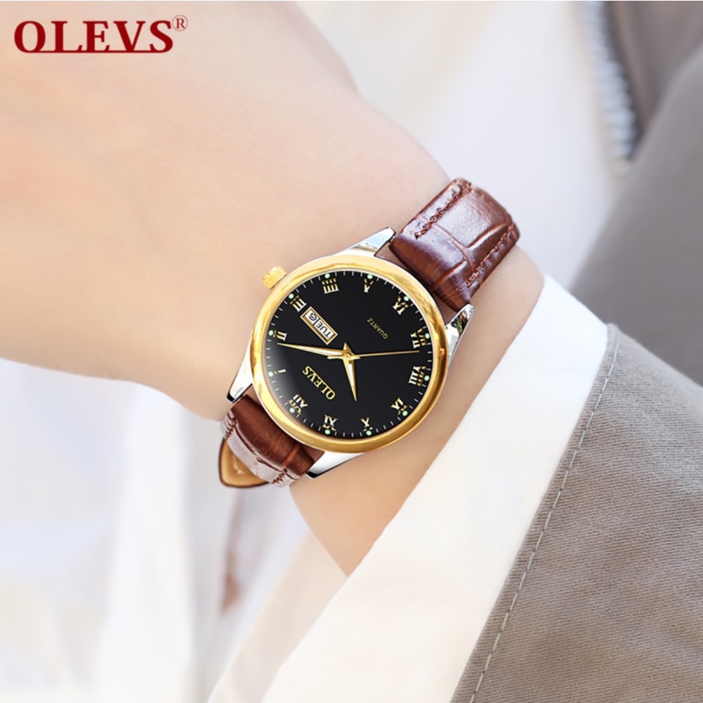 Đồng hồ OLEVS 5568 dây đeo da chống thấm nước có lịch màu dạ quang kiểu dáng thanh lịch cho nữ