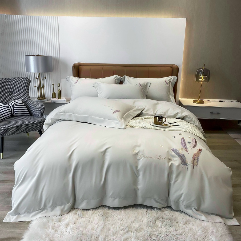 Bộ Chăn Ga Gối , Chăn Ga Cotton Nilen Bonknot Thêu Sét 4 Món - Cotton Linen