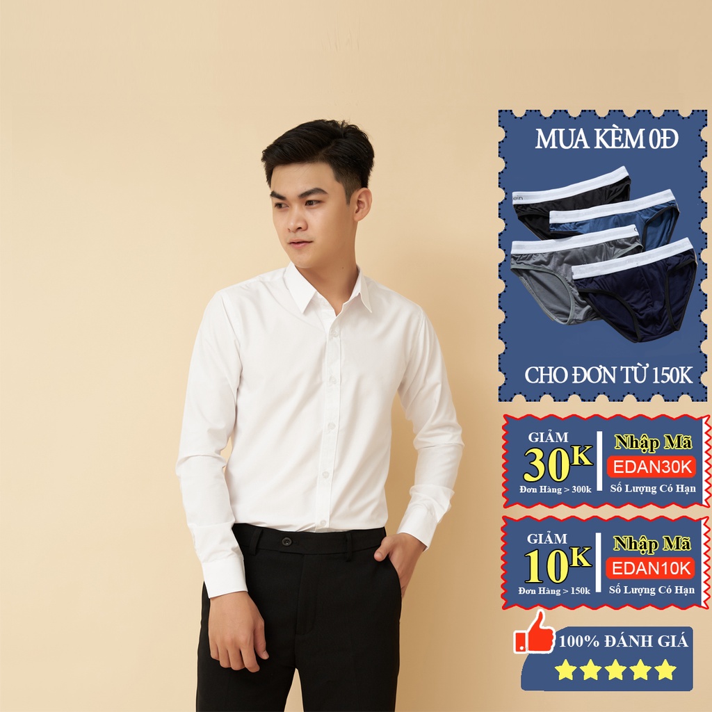 Edana Menswear dài tay chất lụa trơn dáng ôm, co dãn không nhăn, cho cân nặng 45-75kg