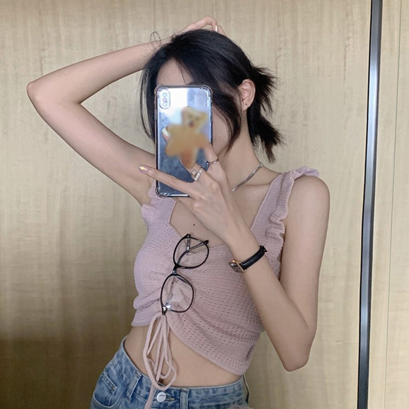 Xiangbao Áo Crop Top Len Dệt Kim Mỏng Không Tay Cổ Chữ V Phối Bèo Và Dây Rút Gợi Cảm Cho Nữ