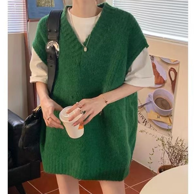 Áo Sweater Dệt Kim Không Tay Cổ Chữ v Phong Cách Hàn Quốc Dành Cho Nữ