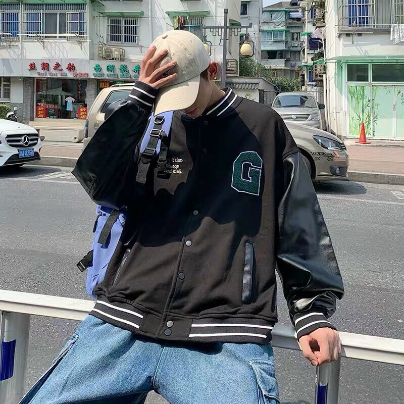 ÁO BOMBER PHỐI TAY DA UNISEX HÌNH THÊU TOÀN BỘ - Ảnh thật | BigBuy360 - bigbuy360.vn