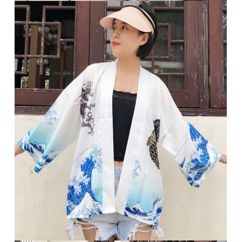 Áo Haori Sakura Cá Chép Sóng trắng Siêu Chất , hàng cao cấp, mã SK08