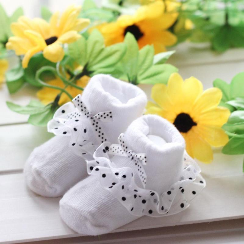 Vớ cotton cổ cao đính dây tua &amp; nơ cho bé gái 0-6 tháng tuổi