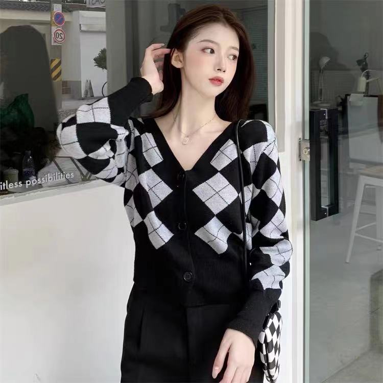 Áo cardigan dệt kim tay dài cổ chữ v phong cách thời trang retro