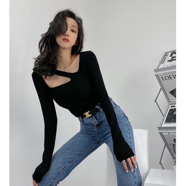 QADCOL Áo sweater Dệt Kim Tay Dài Cổ Vuông Đục Lỗ Kiểu Pháp Dễ Thương Cho Nữ