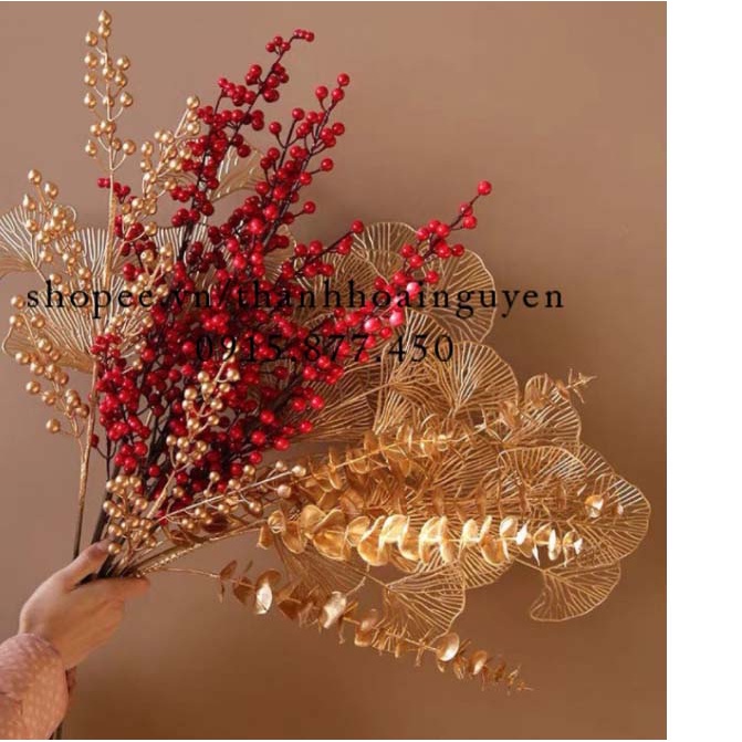 Set 5 Cành Đào Đông Đỏ To Đẹp Decor Trang Trí Cành Táo Vàng Rẻ Quạt