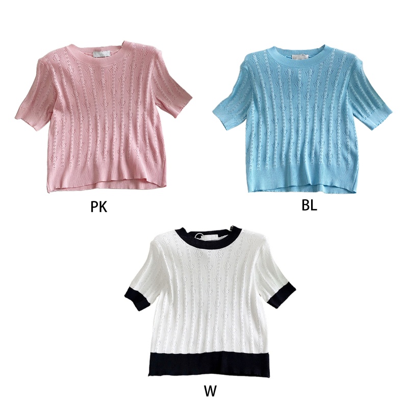 Brroa Áo Sweater Dệt Kim Tay Ngắn Phồng Màu Trơn Viền Gân Khoét Rỗng Mùa Hè Cho Nữ Lig