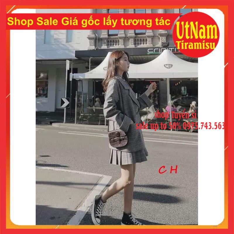 Sét áo vest + chân váy Kẻ có ảnh thật sp kiểu dáng unisexFreesize 55kgphong cách Hàn Quốc