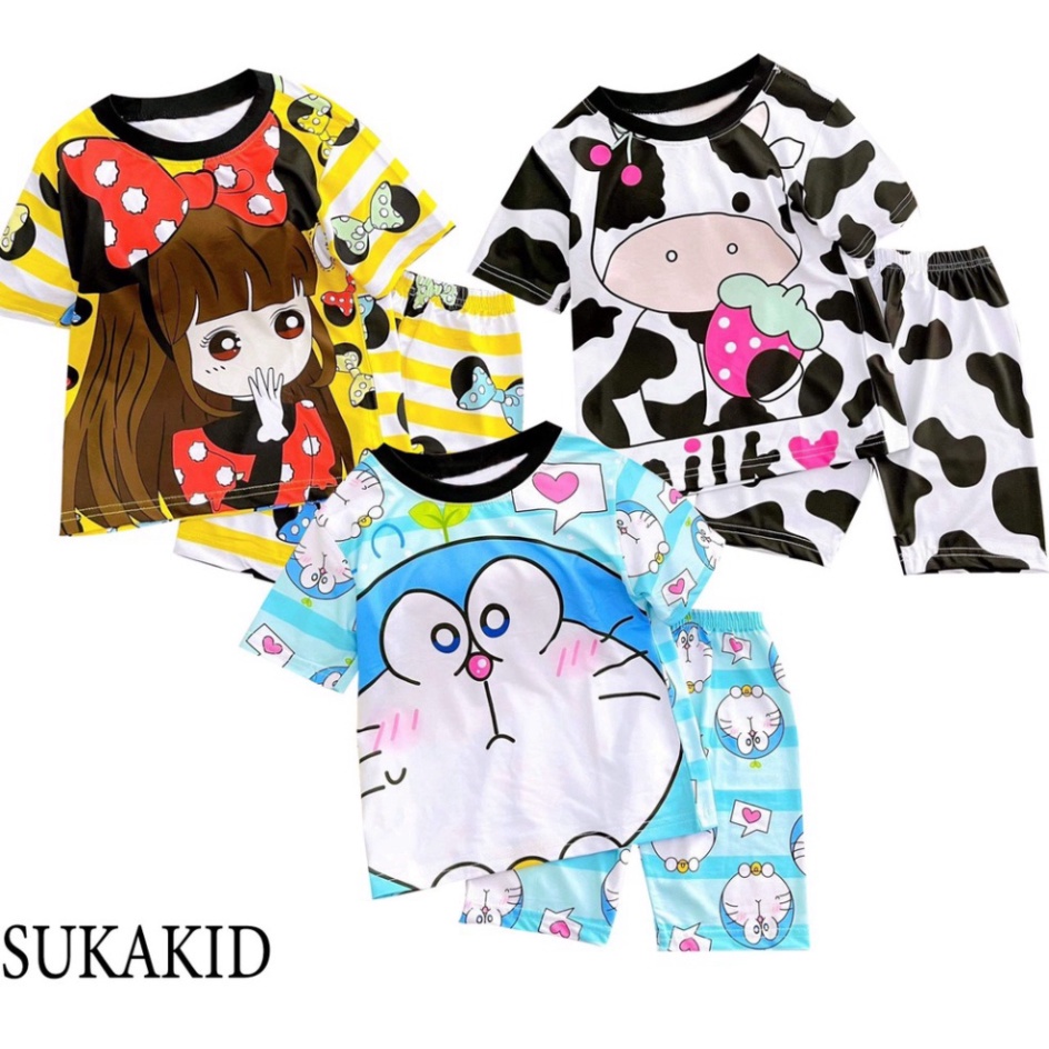 Đồ bộ cho bé gái siêu đẹp hình in 3D chất liệu thoáng mát mềm mịn co hình bé bò sữa gái nơ, và dor