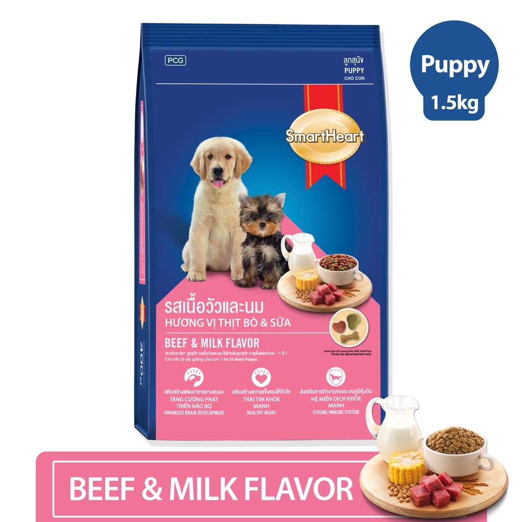 Thức ăn cho chó con Smart Heart Puppy 1.5kg - Vị thịt bò và sữa