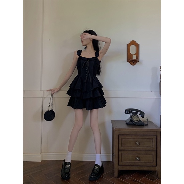 Váy hai dây đen xoè corset new trend 2023 cá tính váy ngắn gothic lolita âu mĩ cosplay