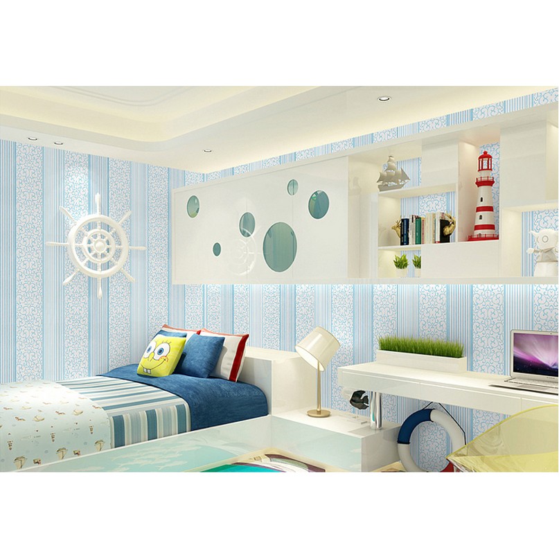 Decal giấy dán tường sọc châu âu xanh (khổ rộng 60cm)