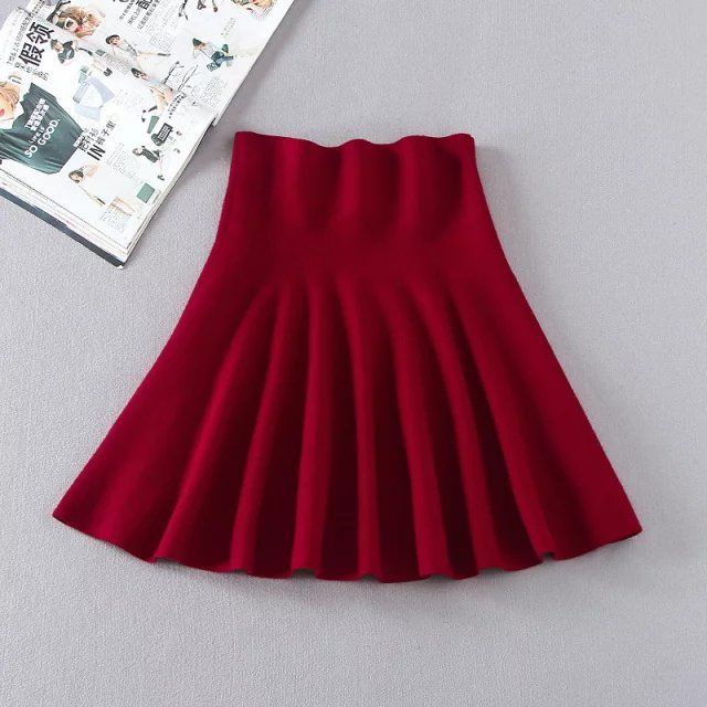 Chân váy ngắn xếp ly lưng cao dệt kim màu sắc thời trang xuân thu mới 2021