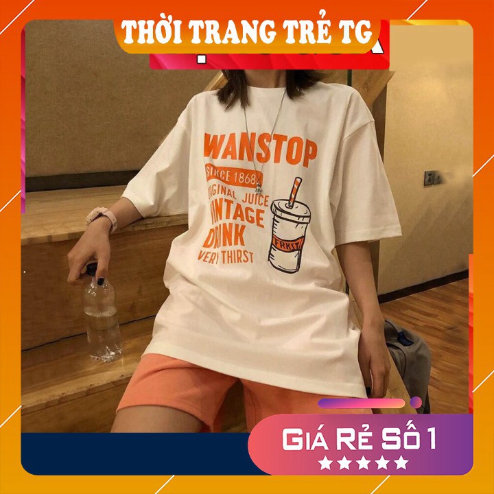 Áo thun 💕𝑭𝒓𝒆𝒆𝒔𝒉𝒊𝒑💕 Áo phông form rộng Unisex L41, mặc cặp, nhóm, lớp in hình LY NƯỚC WANSTOP DRINK màu trắng