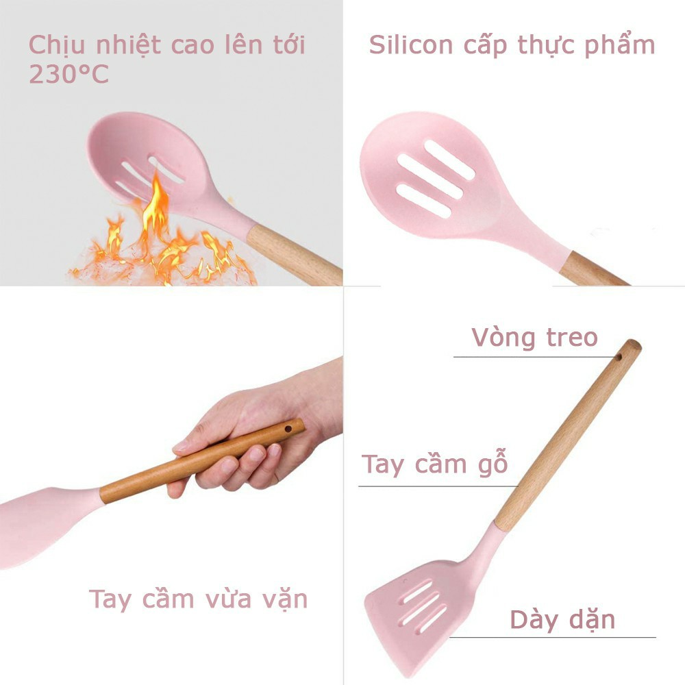 Dụng cụ nhà bếp silicon set 11 món đa năng cách nhiệt, chống dính cao cấp