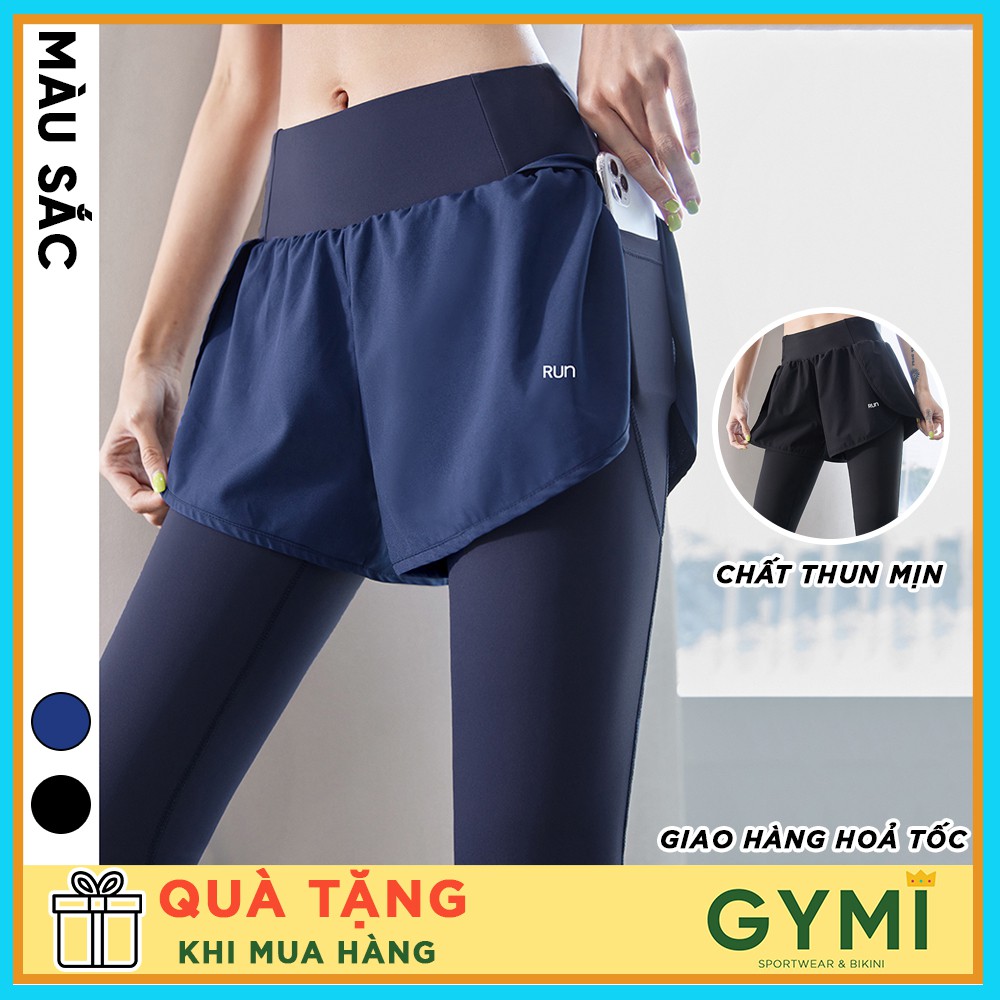 Quần tập gym yoga nữ thun lạnh GYMI QD28 dáng legging có quần short phía trước chống lộ kèm túi dựng điện thoại