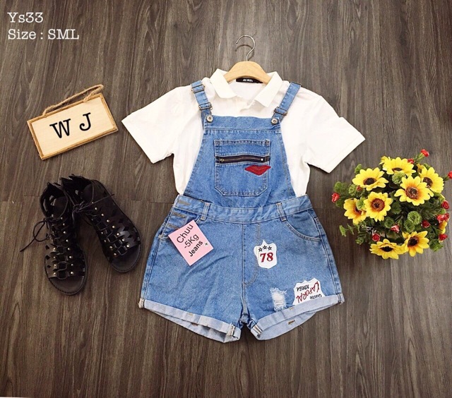 XẢ HÀNG GIÁ SỐC - Quần yếm jean ngắn sticker xinh yêu | BigBuy360 - bigbuy360.vn