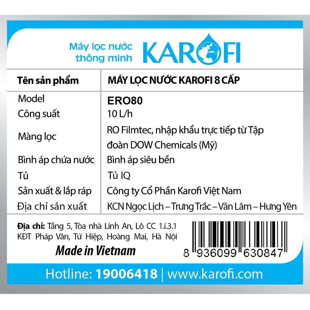 KT-ERO80  [GIAN HÀNG UY TÍN] [HÀNG CHÍNH HÃNG] Máy lọc nước Karofi 8 cấp KT-ERO80 không tủ