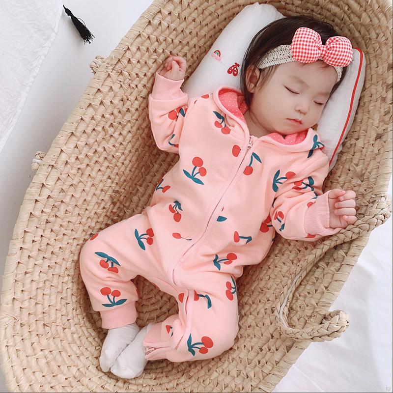 Áo Liền Quần Tay Dài Có Nón Họa Tiết Cherry Đáng Yêu Cho Bé