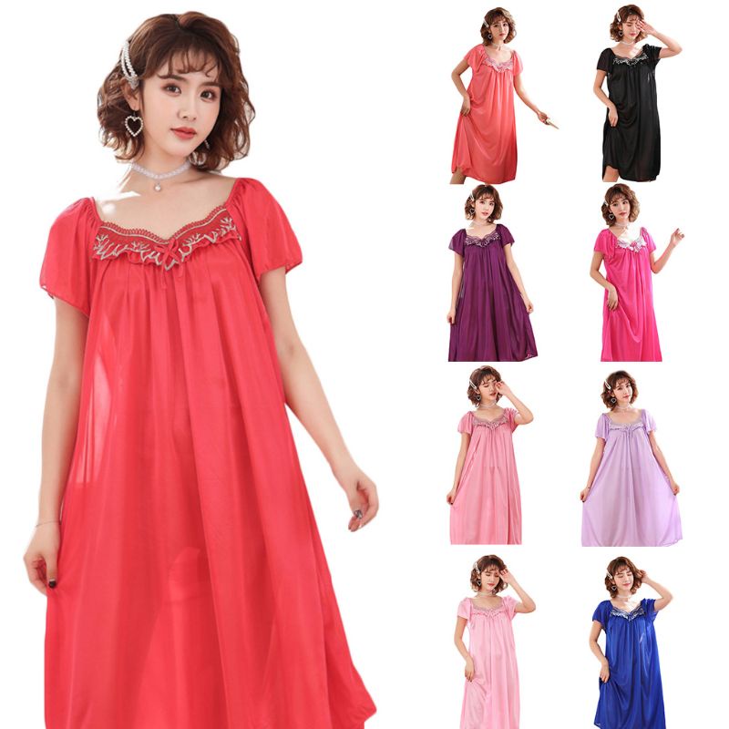 Đầm ngủ tay ngắn vải giả lụa xếp ly phối bèo màu trơn cổ chữ V thêu ren có size lớn cho phụ nữ lớn tuổi