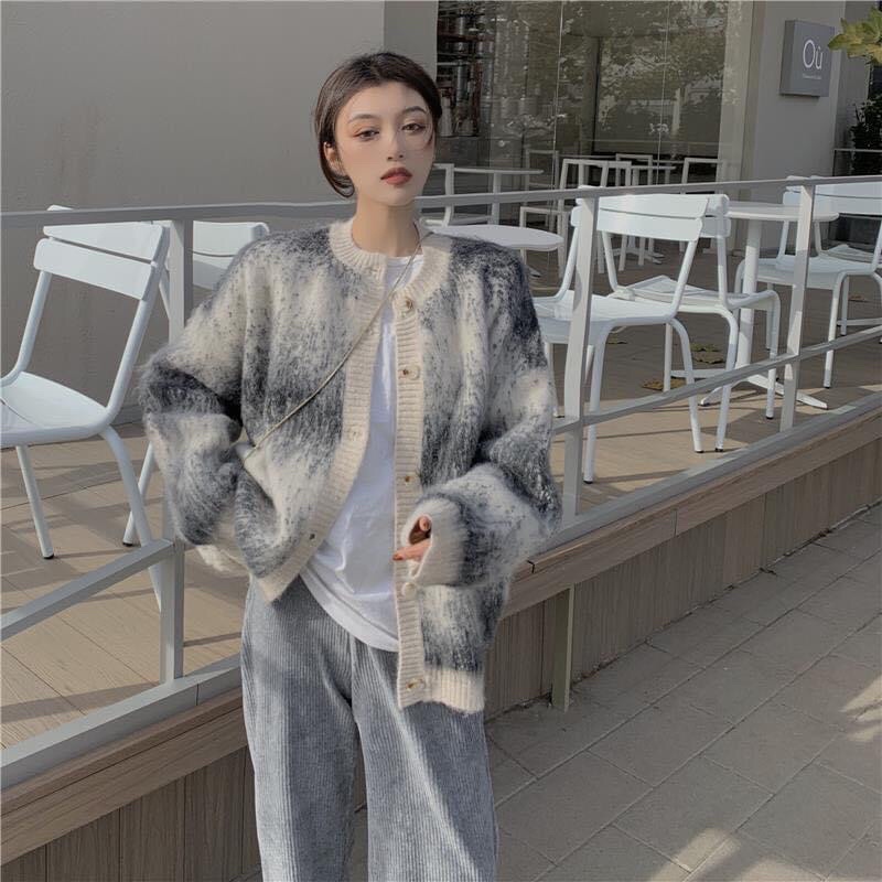 ÁO CARDIGAN LÔNG THỎ MỊN PHỐI MÀU LOANG TRẮNG ĐEN