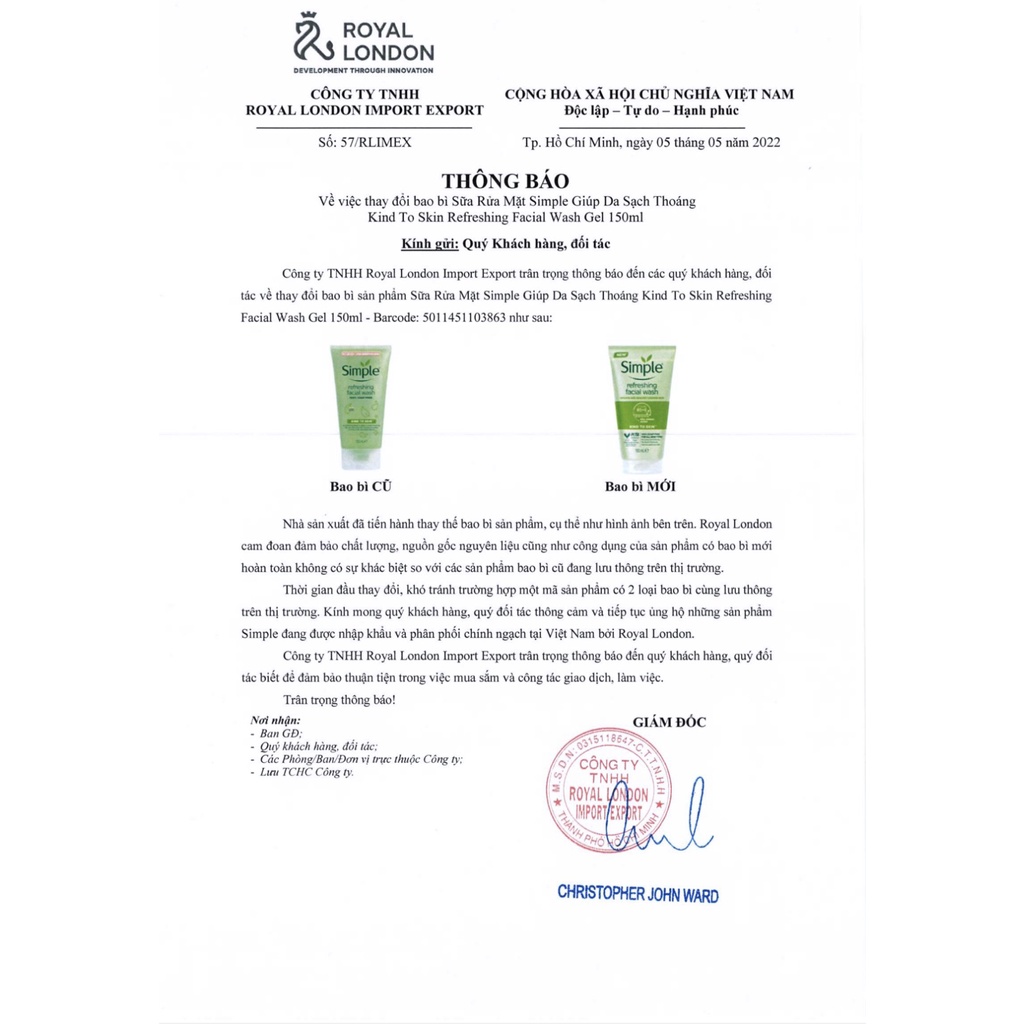 Sữa Rửa Mặt SIMPLE Kind To Skin Refreshing Facial Wash Gel - Có Tem Phụ