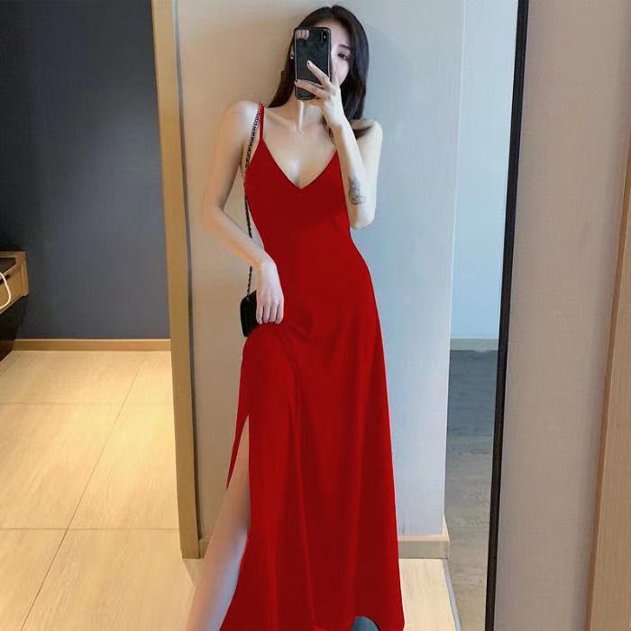 Đầm Dài Hai Dây Cổ Chữ V Màu Trơn Ôm Dáng Hở Lưng Gợi Cảm Thời Trang Mùa Hè Hàn Quốc Mới Dành