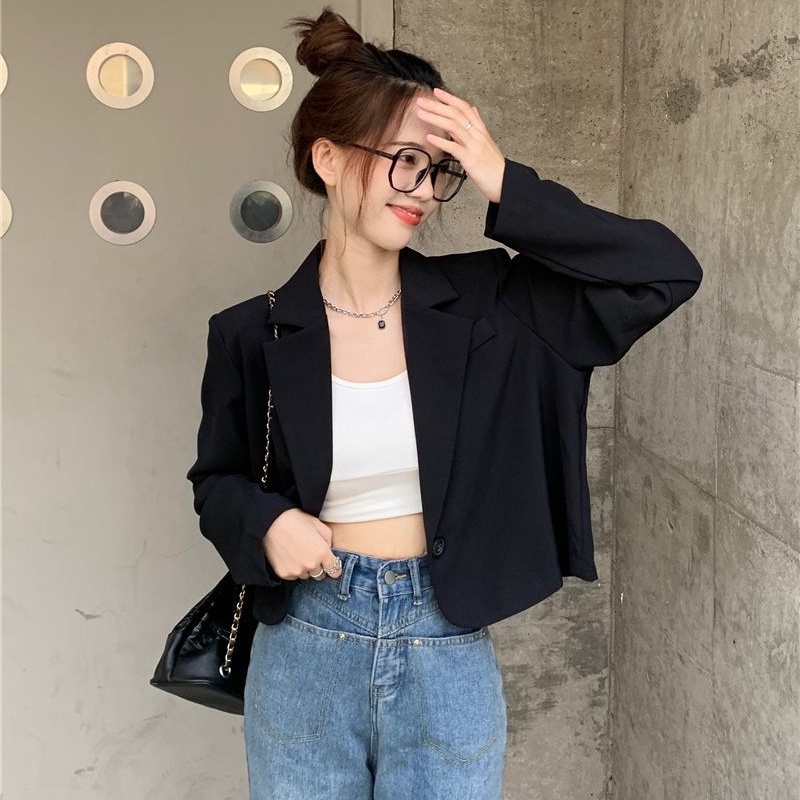 Áo khoác vest SUXI tay dài dáng rộng màu trơn thanh lịch dễ phối đồ