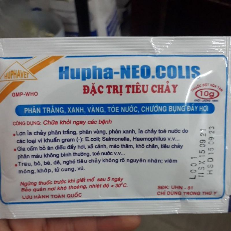 Hupha - NEOCOLIS 10gr -  tiêu chảy, phân xanh, phân trắng, chướng bụng trên gà, vịt, heo, bê, ghé