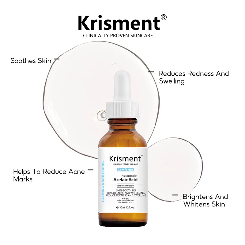 Bộ serum Krisment chứa acid hyaluronic + niacinamide + acid azelaic giảm mụn trứng cá và sẹo mụn làm sáng da 30ml