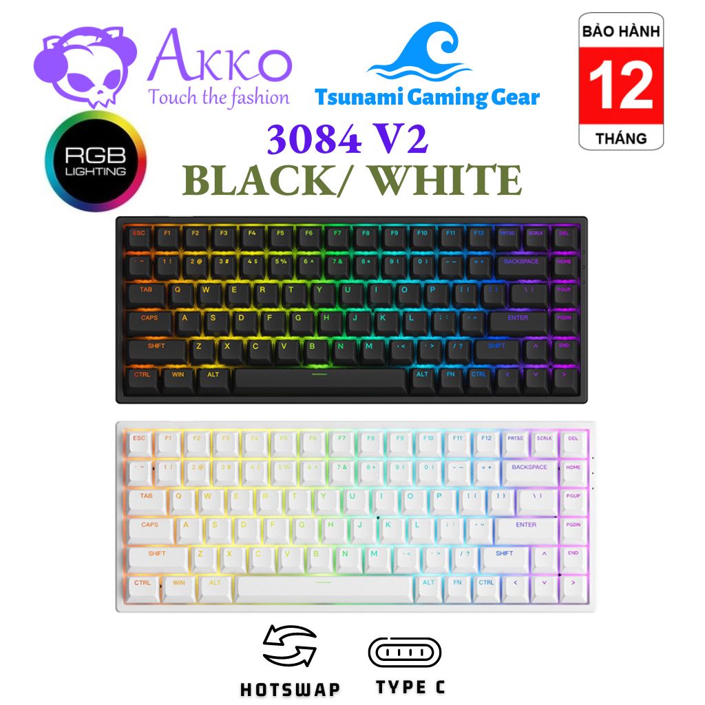 Bàn phím cơ AKKO 3084 v2 RGB – Black/ White (Foam tiêu âm / Hotswap / AKKO CS Jelly switch)
