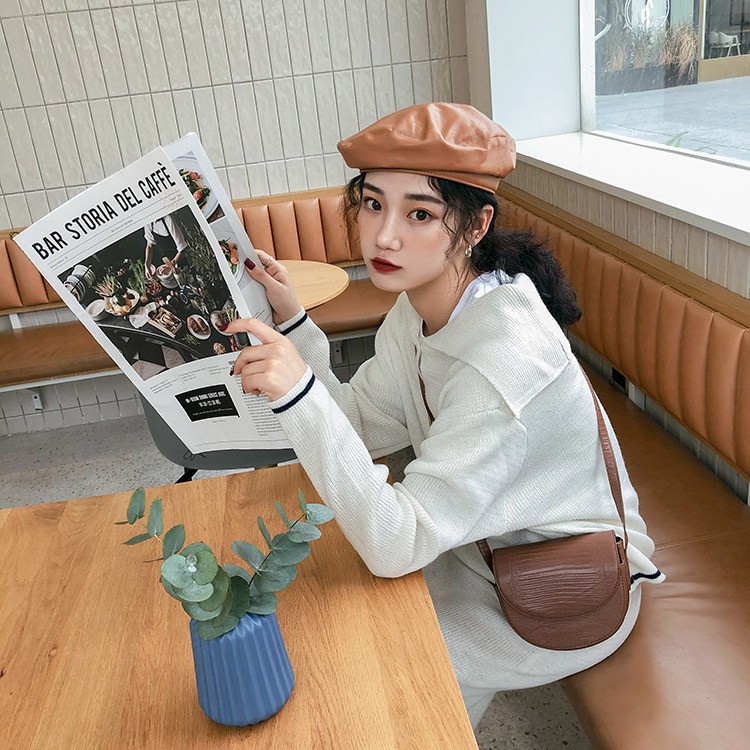 Mũ nồi da PU phong cách thời trang thu đông phong cách nghệ sĩ phương Tây Nhật Bản có thể điều chỉnh