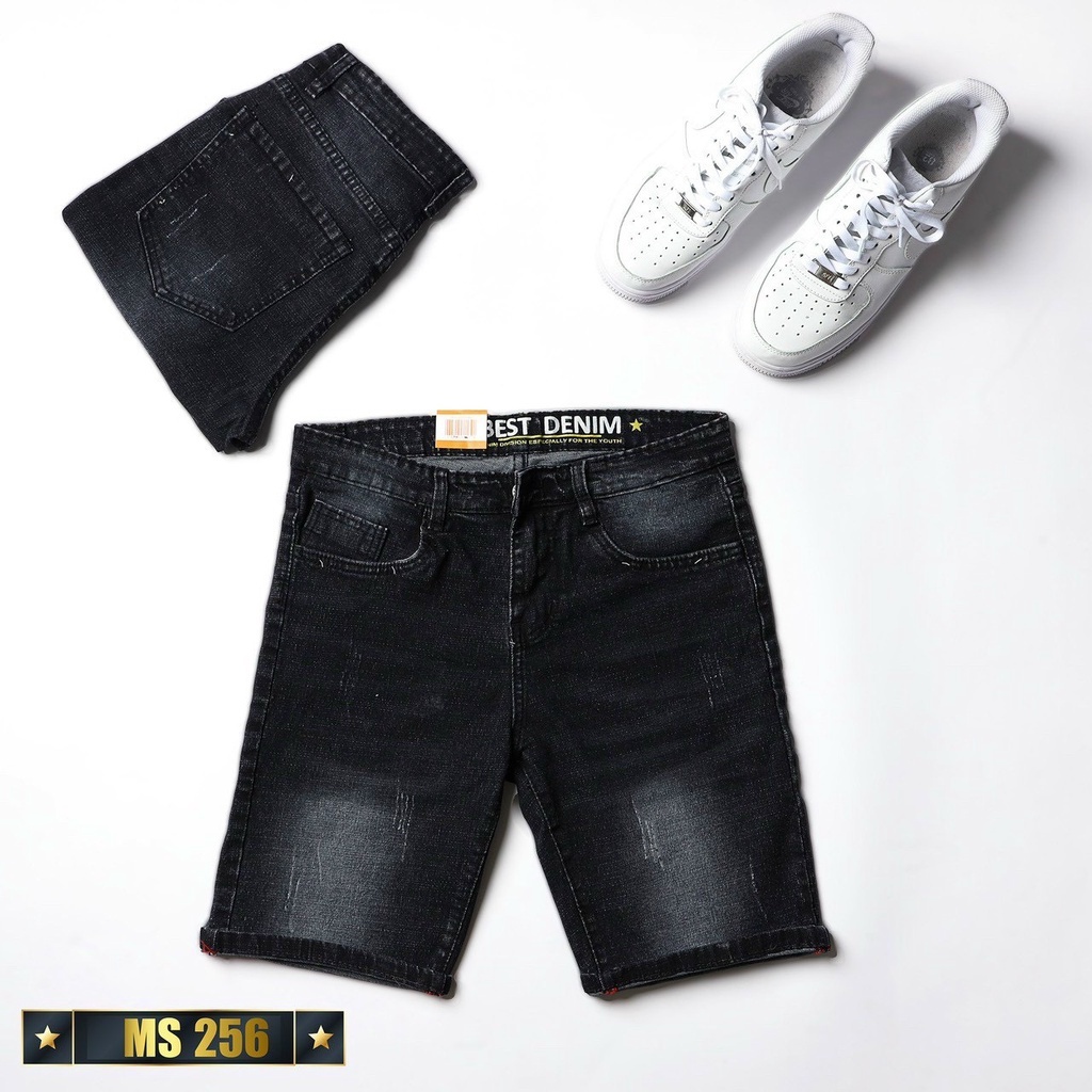 Quần jean short nam bò ngố đùi chất denim co giãn lửng xước màu đen trẻ trung năng động mới nhất 2022 King168 ms256