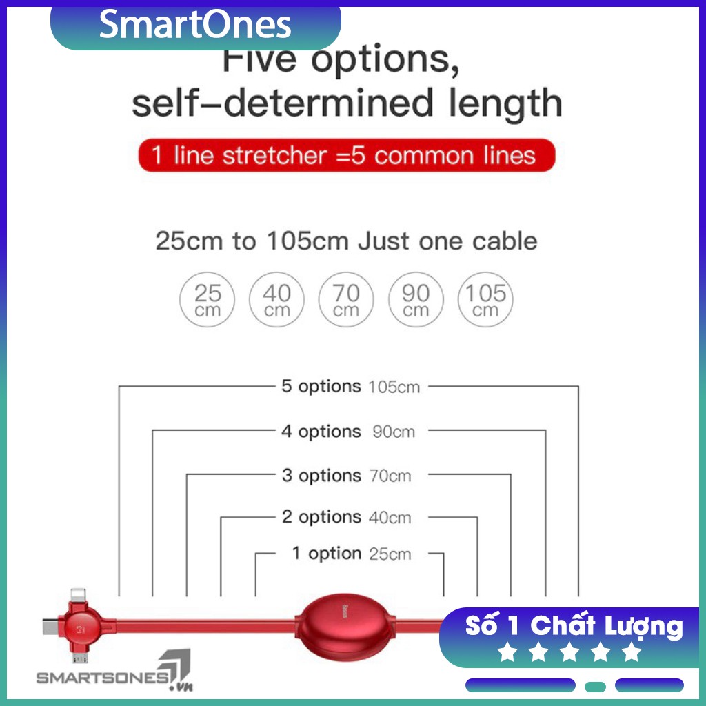 Cáp đa năng 3 trong 1 thiết kế kéo lò xo dài tối đa 105cm, hỗ trợ sạc nhanh 3A cho iPhone, Samsung, Xiaomi, Huawei..