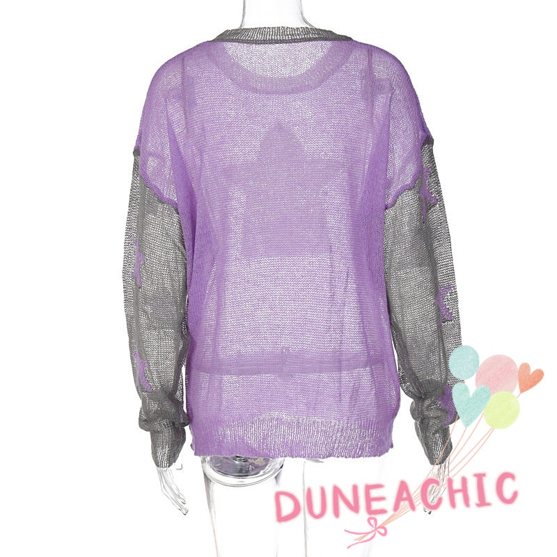DUNEA Áo Sweater Dệt Kim Mỏng Dáng Rộng Họa Tiết Ngôi Sao Màu Sắc Xinh Xắn Cho Nữ
